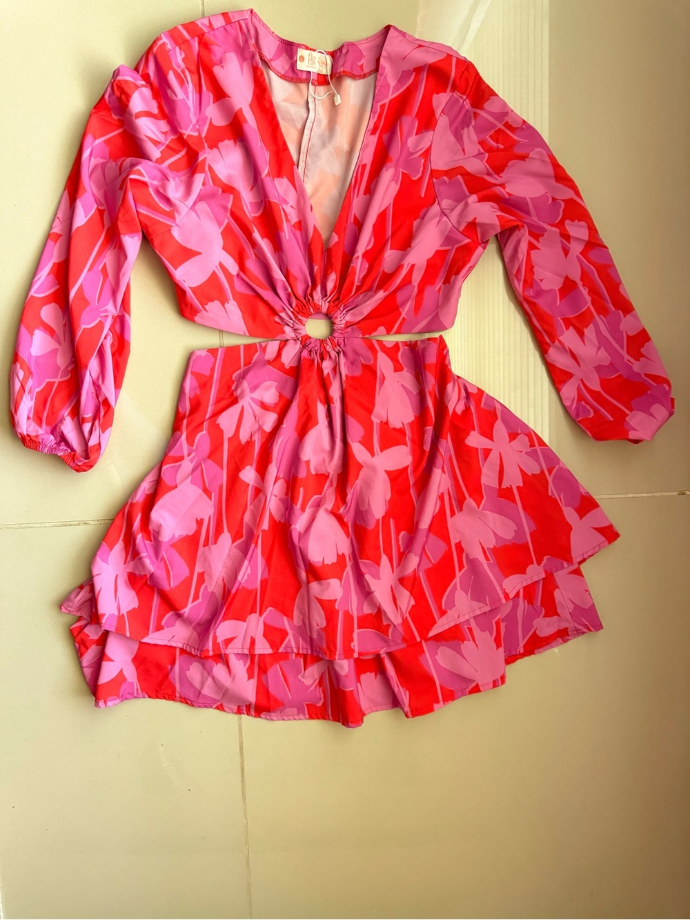 Flora Clothing NWT Pink Red Floral Cutout Ring Mini Dress Size L